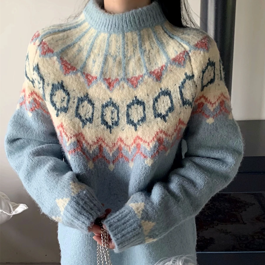 Retro Jacquard Boho Geometric Pattern Sweater Loose Warm Winter Pullover Youth Lady Casual Oversized Jersey Jumper Korean Trendy