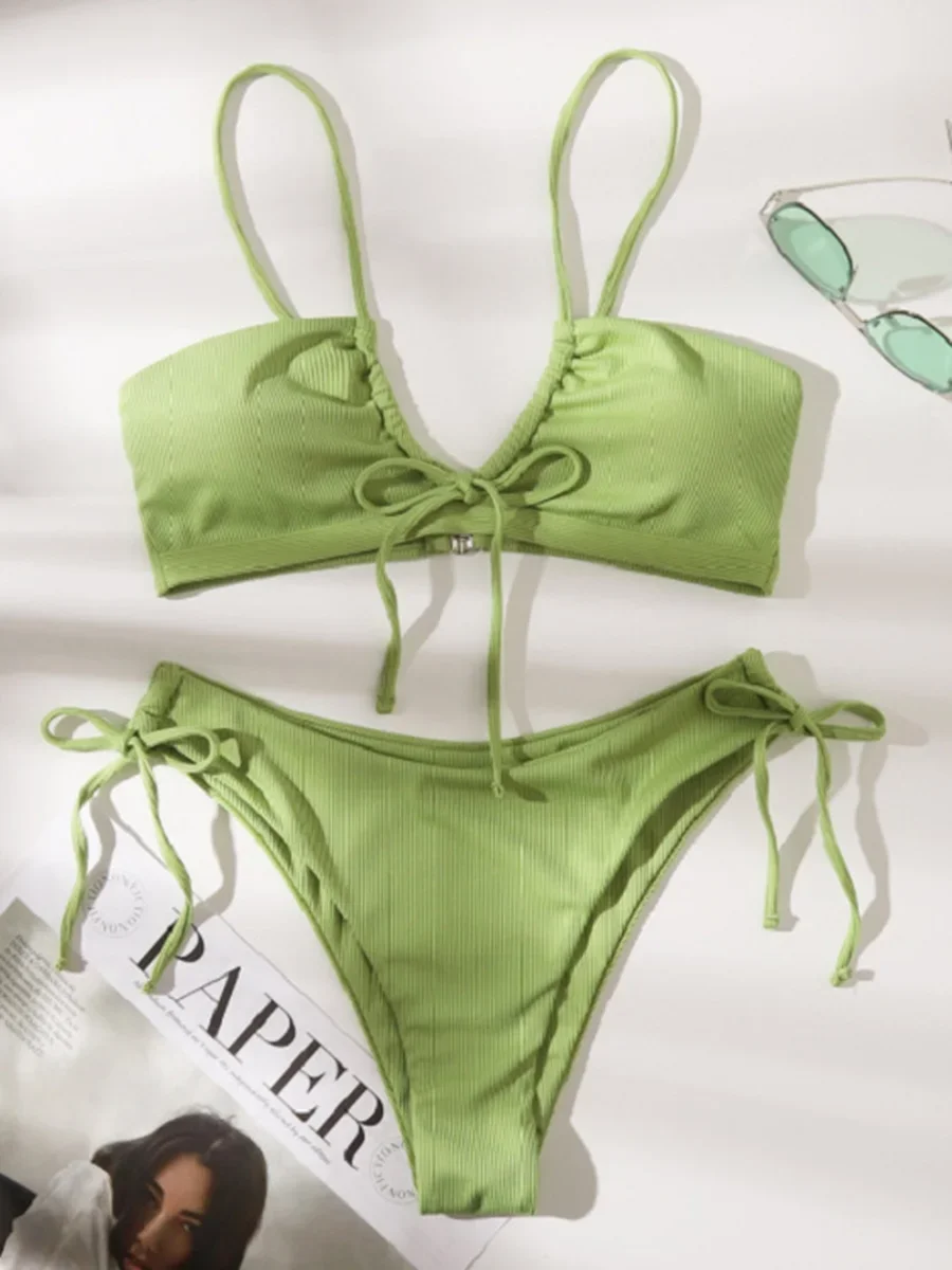 

Halter Knotted Tie Ribbed Bikini Female Swimsuit Women Swimwear Two-pieces Bikini Set High Leg Cut Bather Bathing Suit Swim Lady