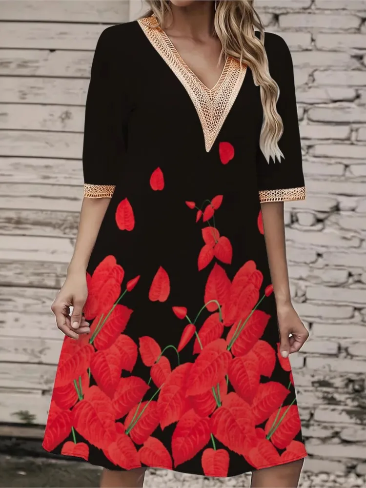 فستان نسائي جديد لربيع وصيف محبوك مطبوع مع دانتيل مثير بياقة على شكل حرف V فضفاض وأكمام قصيرة متوسط الطول #4