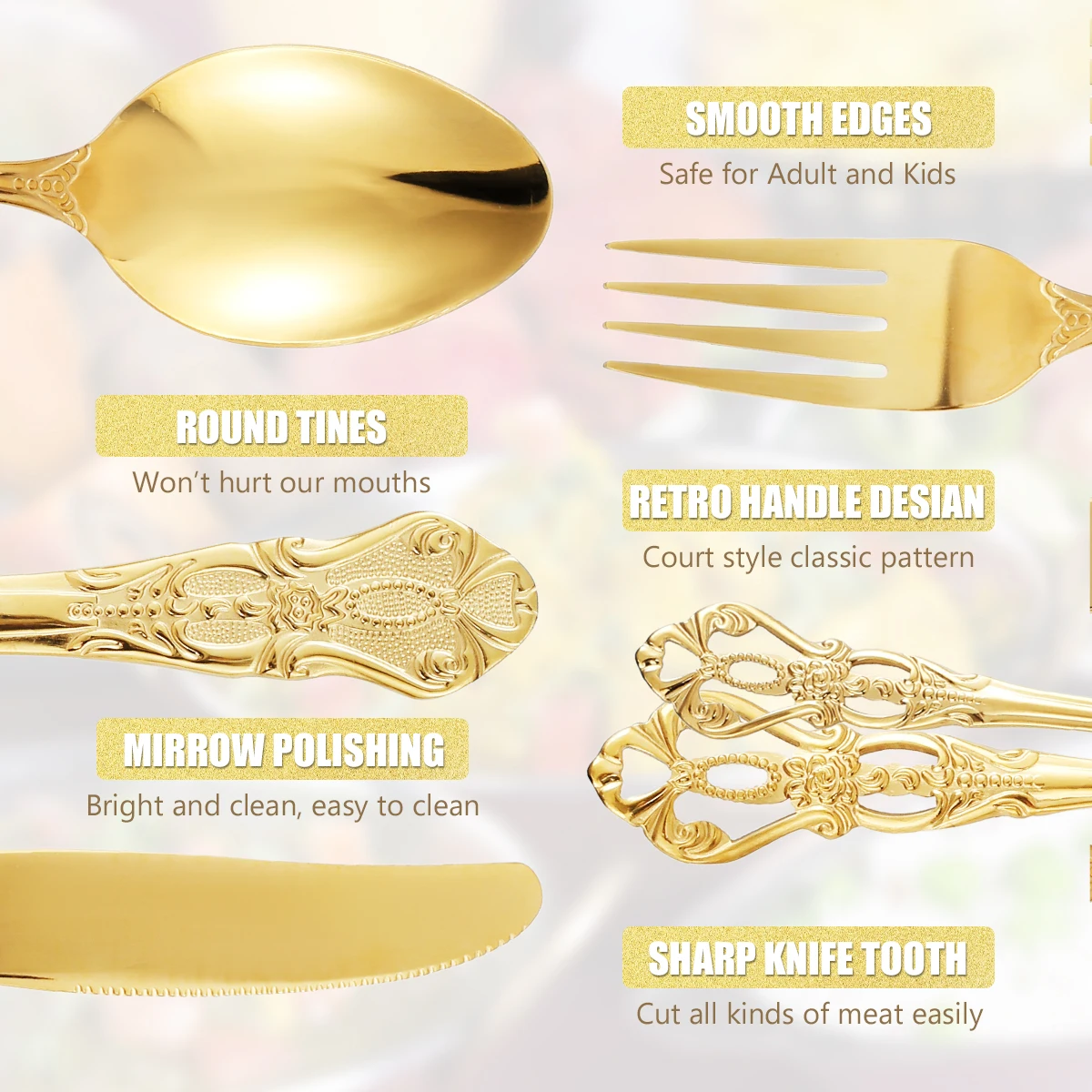 40Pcs Gorgeous Retro Royal Flatware Set Stainless Steel Gold Silverware Set Vintage Embossed Kitchen Utensil Kit with Fork Spoon