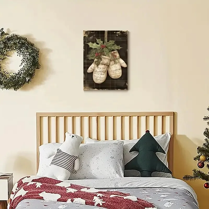 Vintage Christmas Gloves Canvas Wall Art, Retro Holly Berry Xmas Poster, Winter Farmhouse Home Decor Painting, Unframed