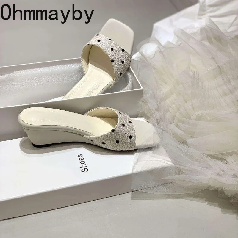

Summer Polka Dot Women's Wedges Heel Slippers Elegant Square Toe Slip On Slides Banquet Party Dress Sandalias Mujer