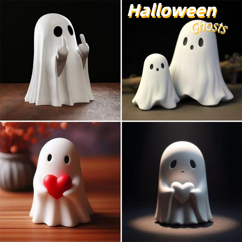 Small White Scary Ghost Middle Finger Cute Ghost Statue Figurines Halloween Party Home Desktop Decoration Courtyard Ornament