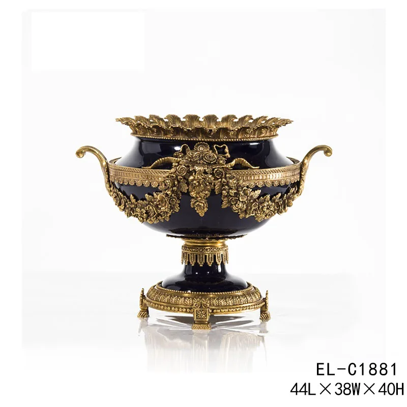 

High quality retro heavy craftsmanship gold flower pot European luxury black porcelain vase with brass for home decoration