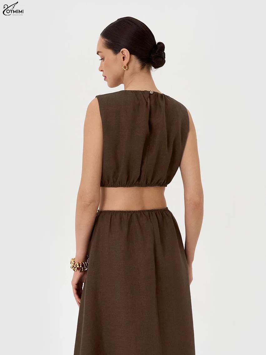 Oymimi Casual Brown Cotton Womens Dresses Fashion O-Neck Sleeveless Zipper Dresses Elegant Hollow Out Loose Ankle-Length Dress