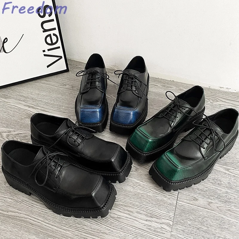 Derby small leather shoes for men high-end niche gradient color retro thick soles heightening square scalp shoes trendy brand