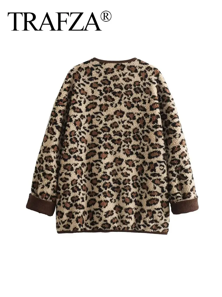 TRAFZA 2024 Female Vintage Lambswool Jacket Long Sleeves O Neck Leopard Print With Pockets Single Breasted Patchwork Causal Coat