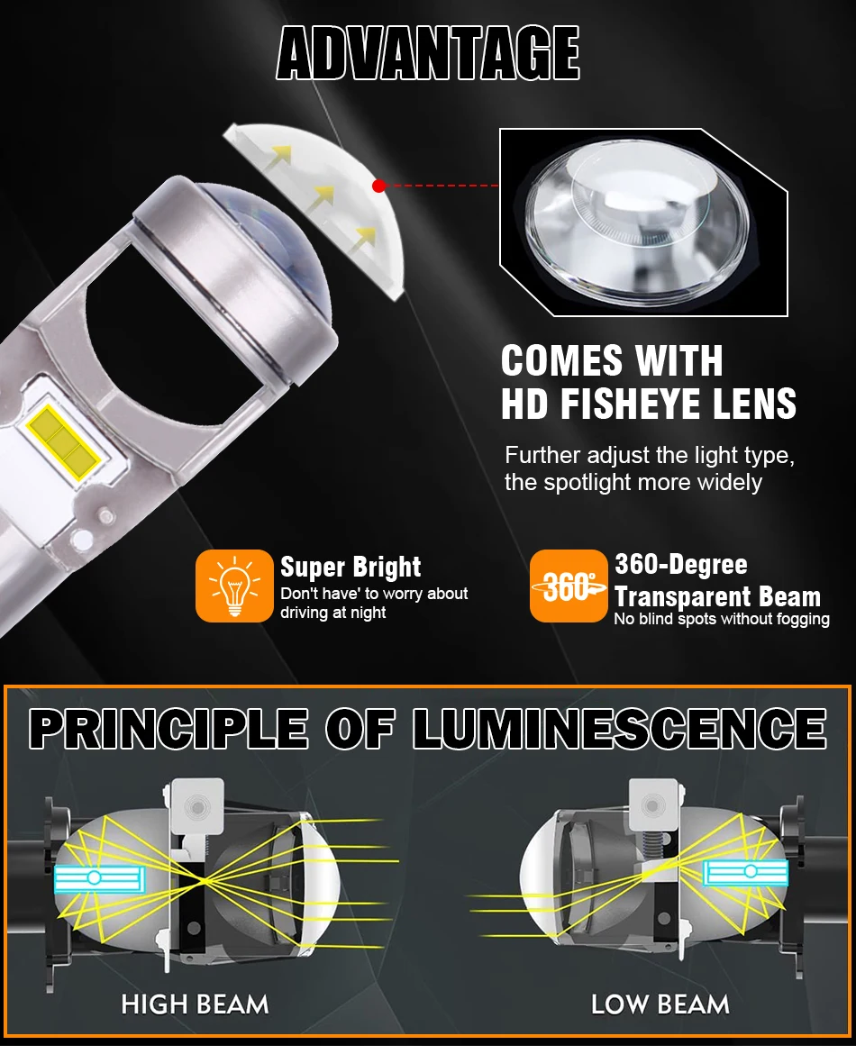 HB3 9005 LED الضباب كشاف ضوئي العدسات 360 عدسة صغيرة مع النحاس الفرقة 6000K Canbus لا أخطاء السيارات العلوي مصباح PTF بدون مروحة