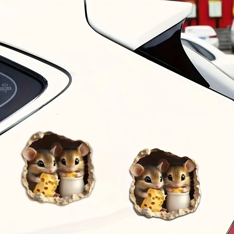 2‑Pcs Torn‑Wall Little Mouse Wall Stickers Single Size 10x10cm Cute Mouse Peeking Out From Wall Hole Holding Cheese