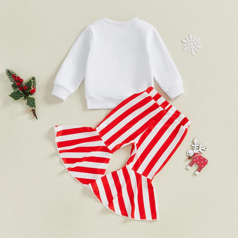 Toddler Girl 2-Piece Christmas Set with Long Sleeve Sweatshirt and Striped Bell Bottoms - Festive Baby Outfit for the Holidays