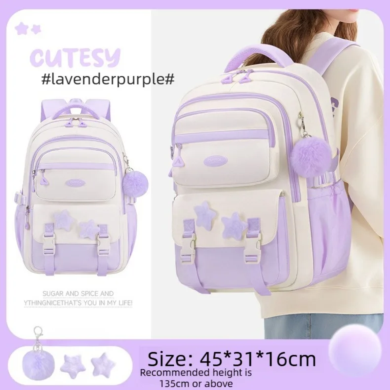 Primary Middle School Backpack for Girls Cute Backpack for School Pink School Bag for Teen Girls with Star Pins Furry Pendant