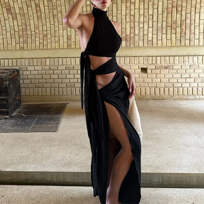 OMSJ Nuovo Asimmetrico Sexy Ritaglio Maxi Vestito da Donna Halter O Collo Senza Maniche Aperto Indietro Con Spalline Split Abiti Club Party Abbigliamento