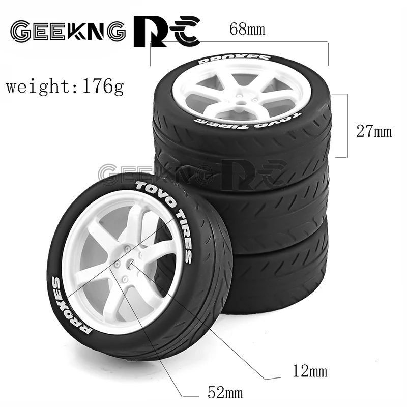 4pcs 68mm Rubber Tire Wheel Tyre 12mm Hex for Tamiya TT01 TT01E TT02 TT02B TA06 XV01 XV02 PTG-2 1/10 RC Racing Car Upgrade Parts