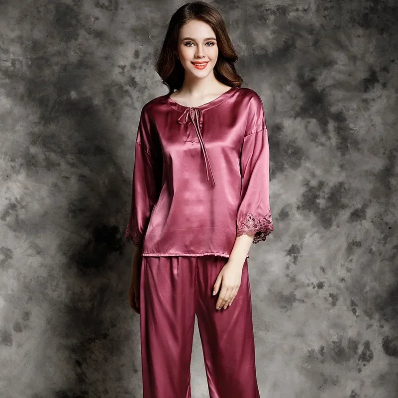 

Bow Tie 100% Mulberry Silk Pajama Set Autumn Spring Ladies Pyjamas Homewear Suit Round Neck Shirt and Trousers Sleepwear Pajamas