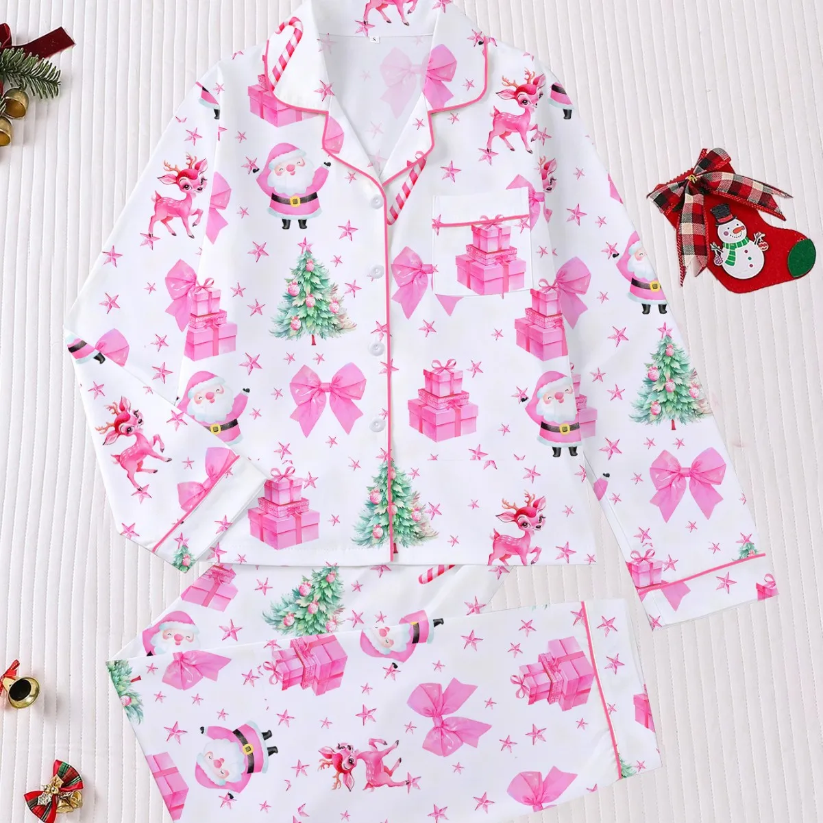 

Женский рождественский пижамный комплект с рисунком Санта-Клауса, подарочная коробка, повседневная домашняя одежда с принтом, одежда для сна, домашняя одежда для рождественской вечеринки