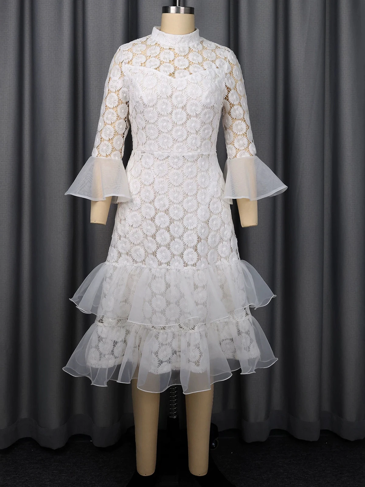 Damen Spitzen-Midi-Abendkleid mit Hohem Kragen, 3/4-Armel, Figurbetont, Netzstoff, Stufenrock mit Rüschen, Cocktailparty-Langkleid – Detail 3