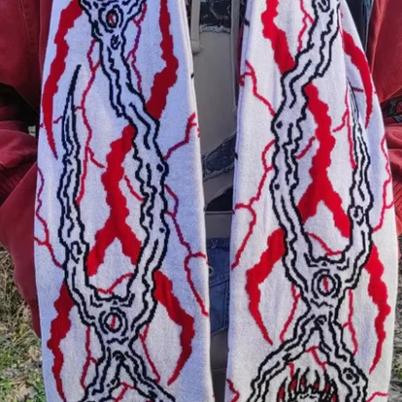 Dzianinowy szal damski Szal zimowy Fartuch Czarny szal z graffiti czaszki Nieregularny wzór Szal dziergany Retro Dwustronny