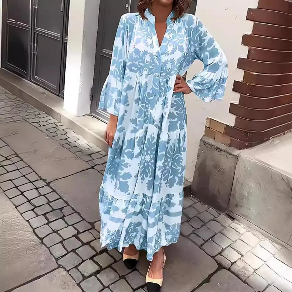 Women Maxi Dress V Neck Floral Printed Pleated Ruffle Patchwork Hem Horn Sleeves Single-breasted Long Dress Vestidoes Mujer