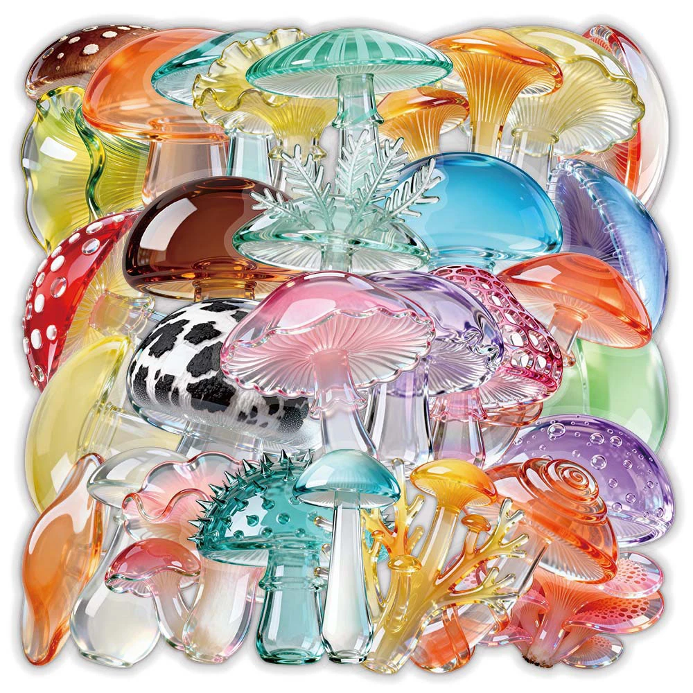 10/30/55pcs Transparent Colorful Crystal Mushroom Stickers Cute Cartoon Decals DIY Water Bottle Phone Luggage Sticker Decoration
