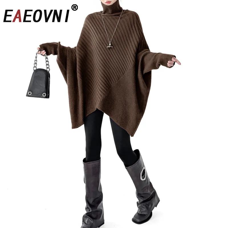 

Модное асимметричное вязаное женское платье EAEOVNI, однотонное, с высоким воротником, длинным рукавом, свободного кроя, осенне-зимняя новинка