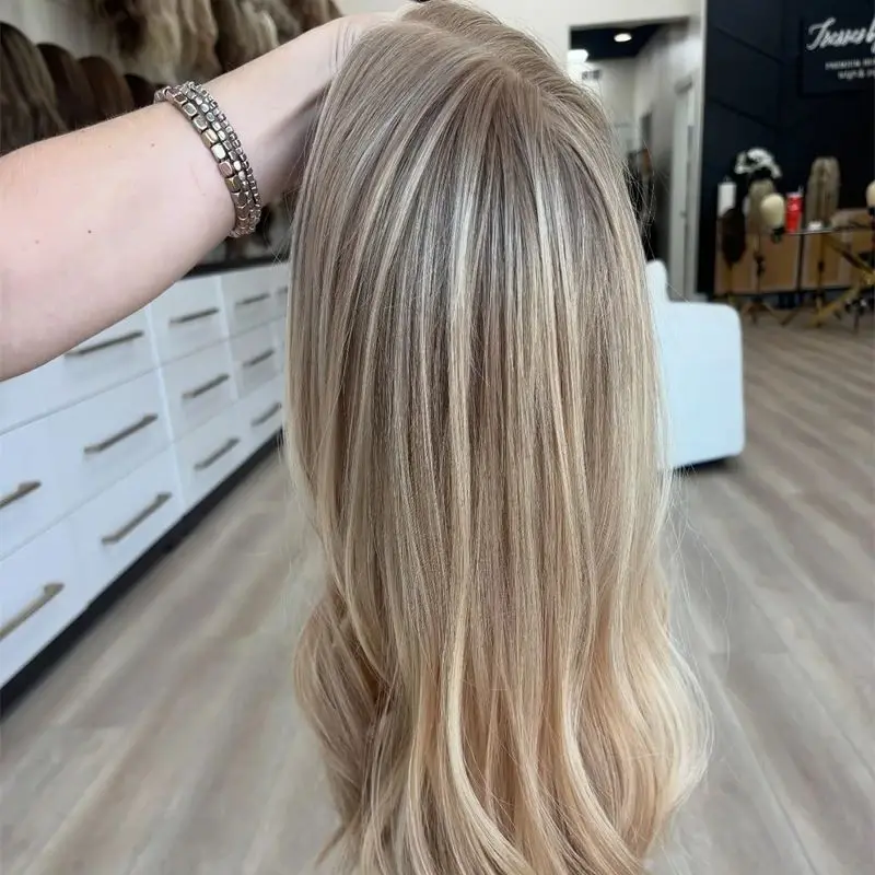 

Натуральный предварительно выщипанный парик для волос Ombre Пепельно-русый Мягкий HD Парик фронта шнурка Модные синтетические парики Средняя часть париков для женщин Вечеринка