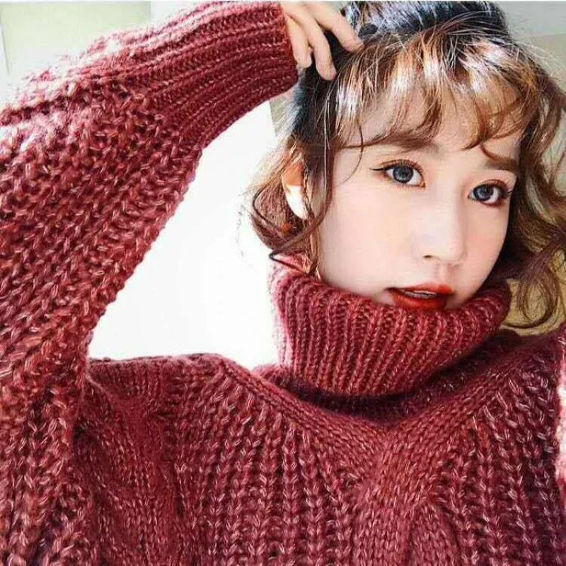 

Loose Thick Wool Lazy Style Thick Sweater for Women New Retro Turtleneck Base Shirt Lantern Sleeves