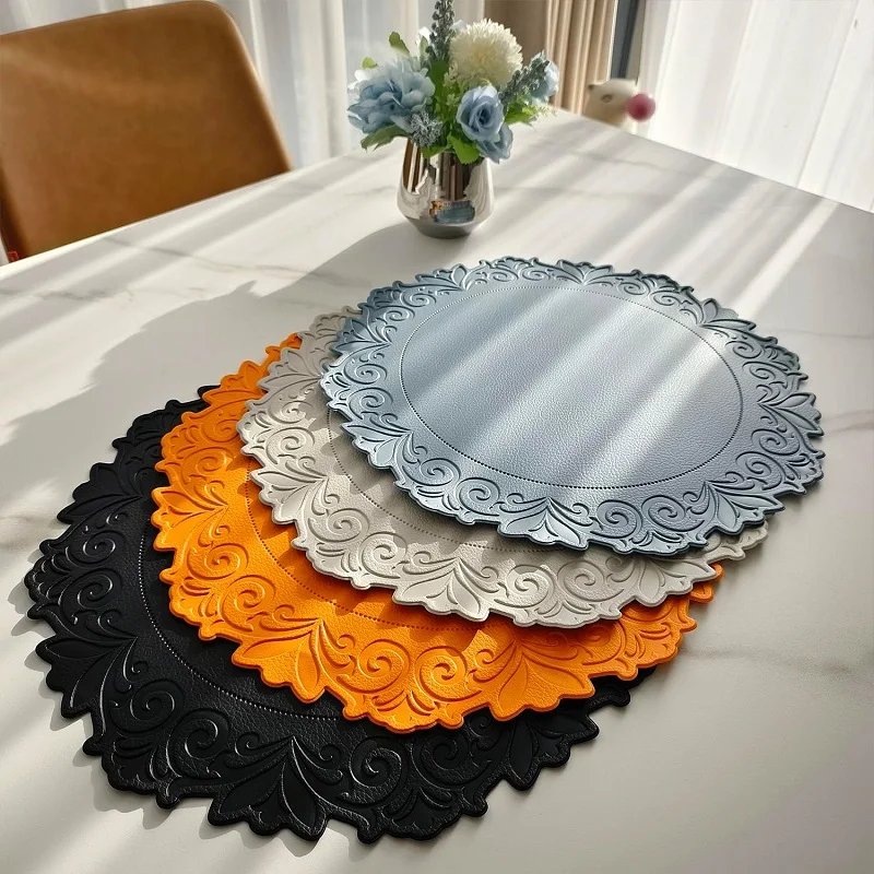 1/6/10PCS Round Kitchen Table Mat European Embossed Waterproof Faux Leather Round Table Placemats for Kitchen Dining Patio 식탁매트