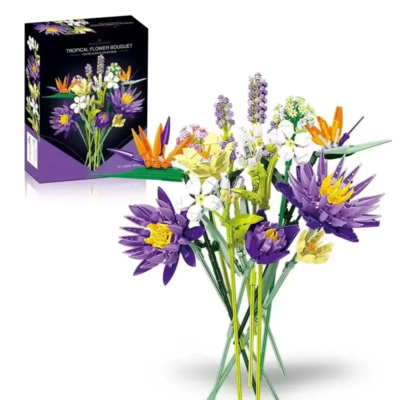 Bouquet de fleurs tropicales, jouets de construction, Mini bloc, Kit de modèles pour plantes, décoration en pot, cadeaux pour petite amie et décorations de vacances, 800 + pièces