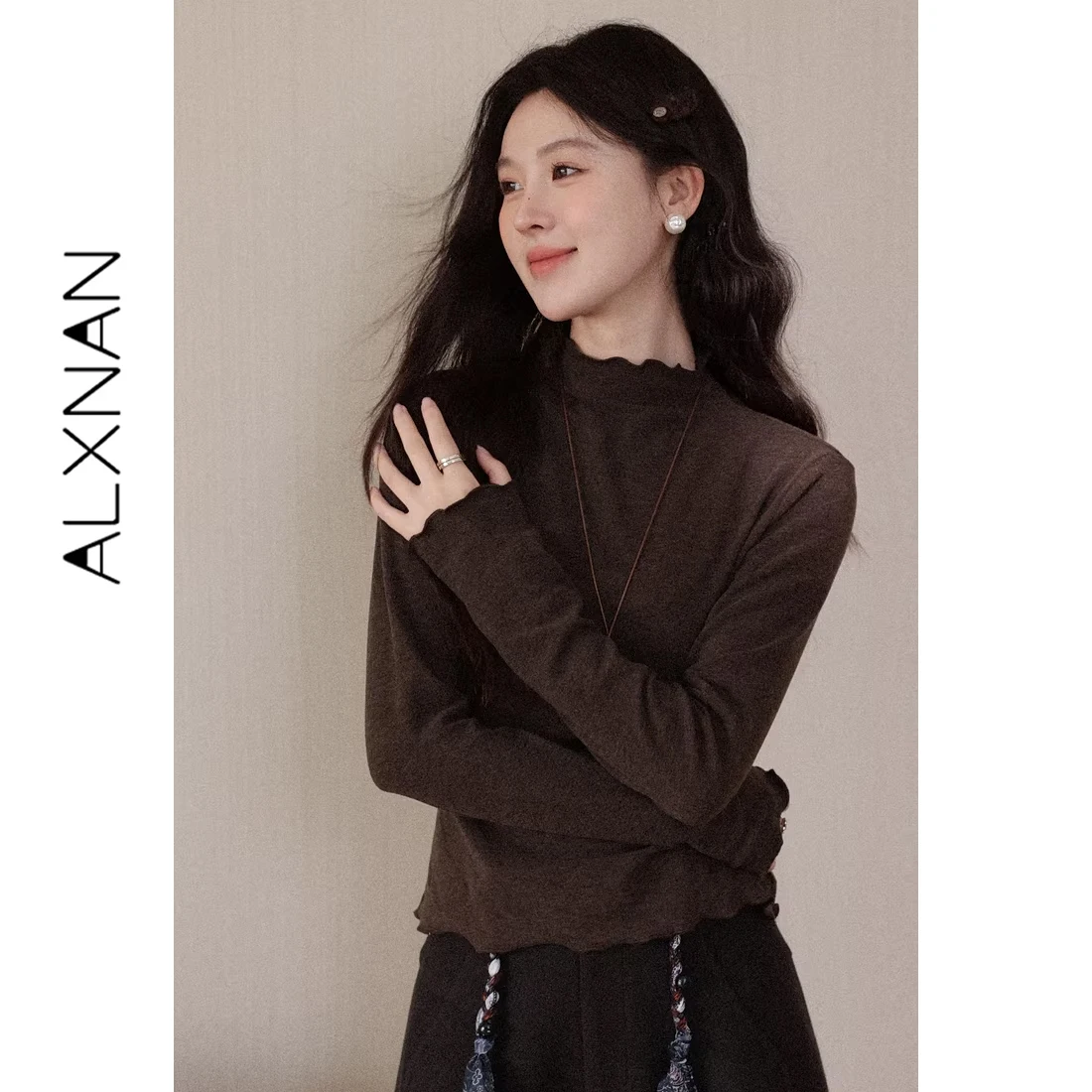 ALXNAN Coffee T-shirt Half High Neck Simple Basic Style Ruffle Edge Long Sleeve Tees 2026 Spring Fashion Female Clothing L60171