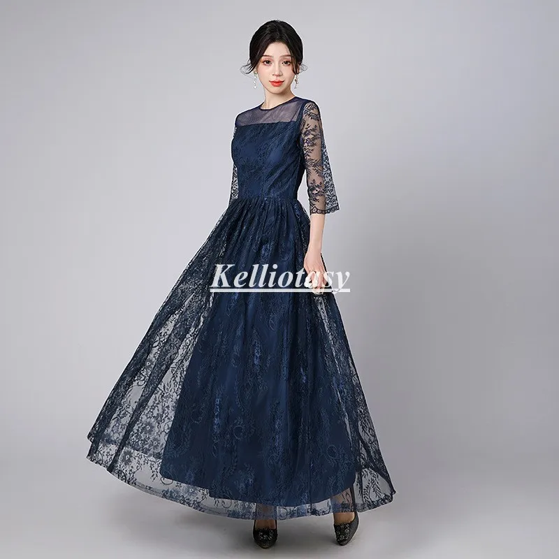 Plus Size Mother Of The Bridal Dresses Navy Blue Quarter Sleeves Long Formal Lace mother of the bridal dress for fall