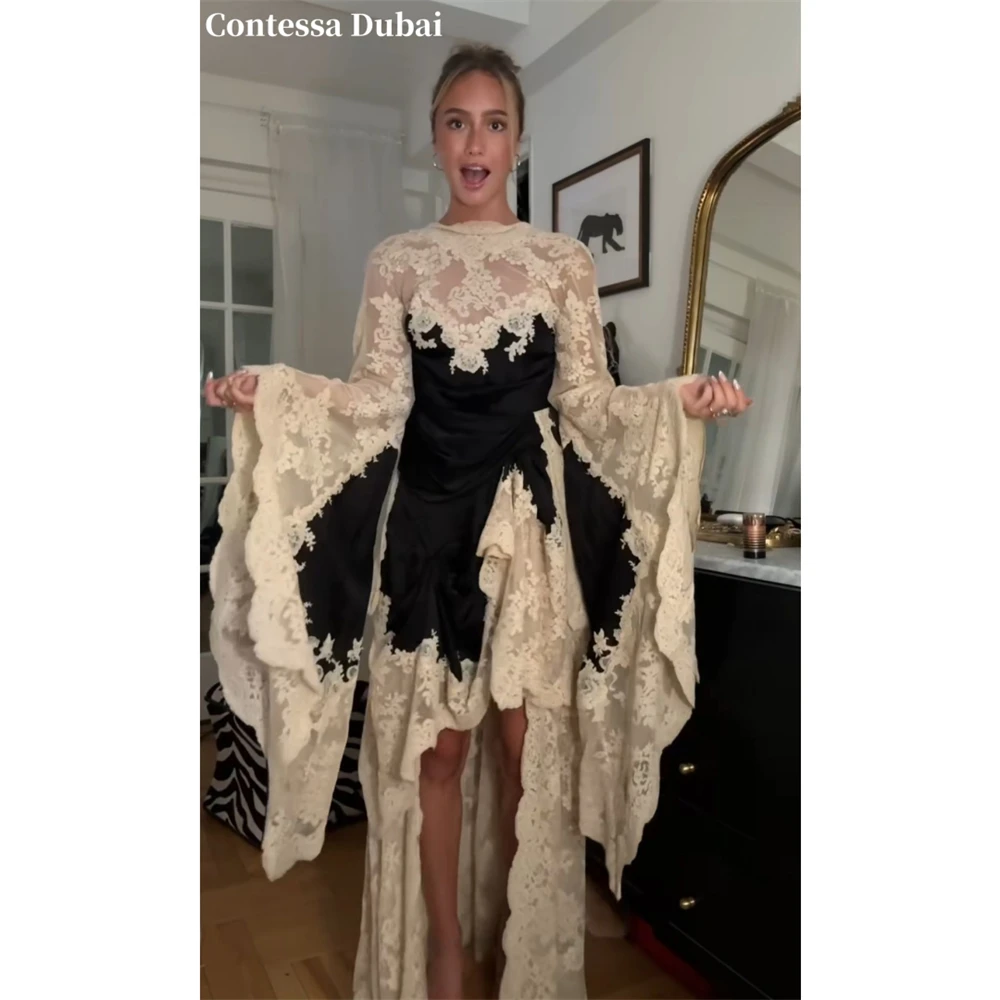 Contessa Custom Vintage Lace Patchwork Prom Dress Flare Long Sleeve Asymmetrical Hem Evening Dress Formal Homecoming Party Gown
