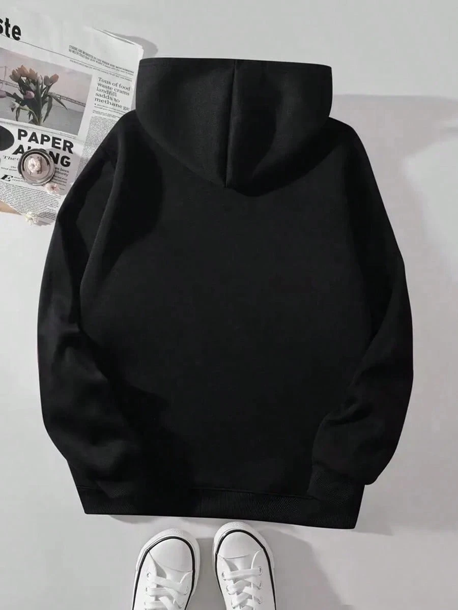 American Rap Band Portrait Print Black Pullover Hoodie Hip‑Hop Style Kangaroo Pocket Loose Unisex Top