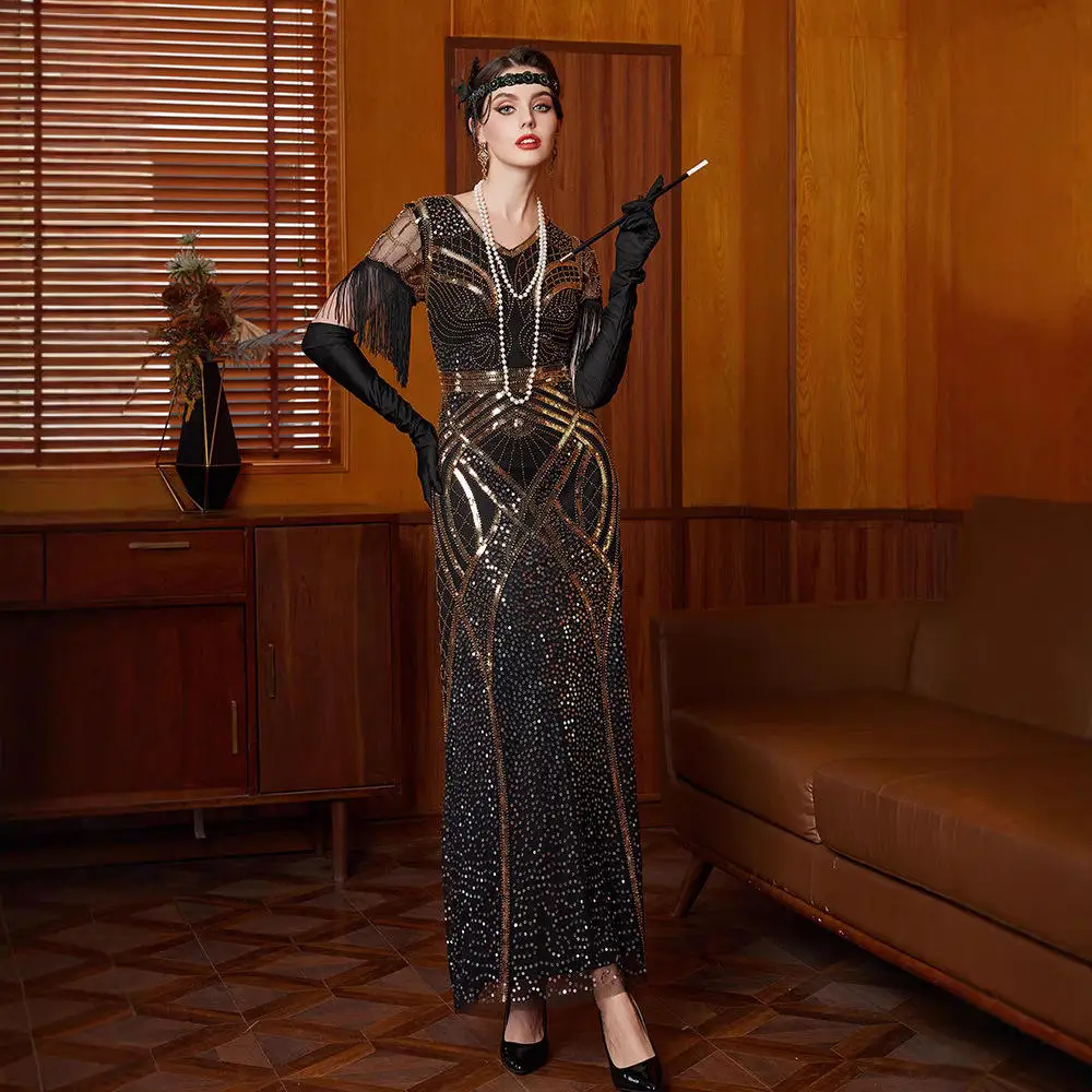 

Ретро 920-х годов Гэтсби Dr сверкающее вечернее платье из бисера с высокой талией облегающее свадебное платье альтернативный материал 00%