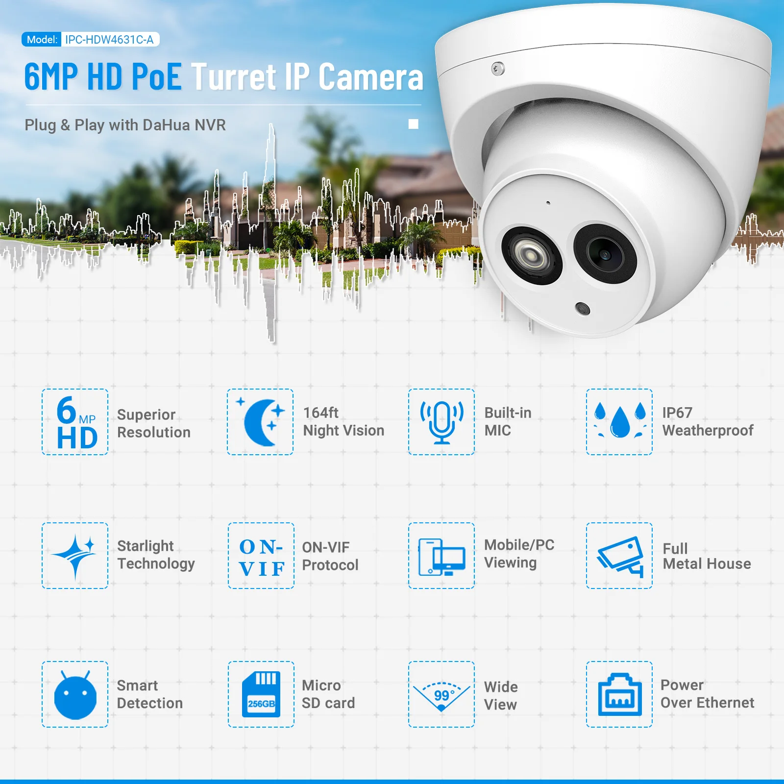 Dahua 6MP IPC-HDW4631C-A POE Mini Dome IP Camera Built-in MIC CCTV 50M IR Night Vision Surveillance Network Camera