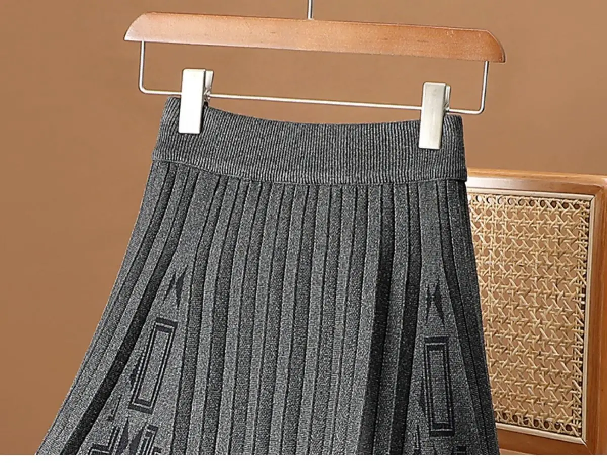 Grey Knitted Half Length Skirt for Women High Waist Mid Length A-line Skirt Pleated Skirt