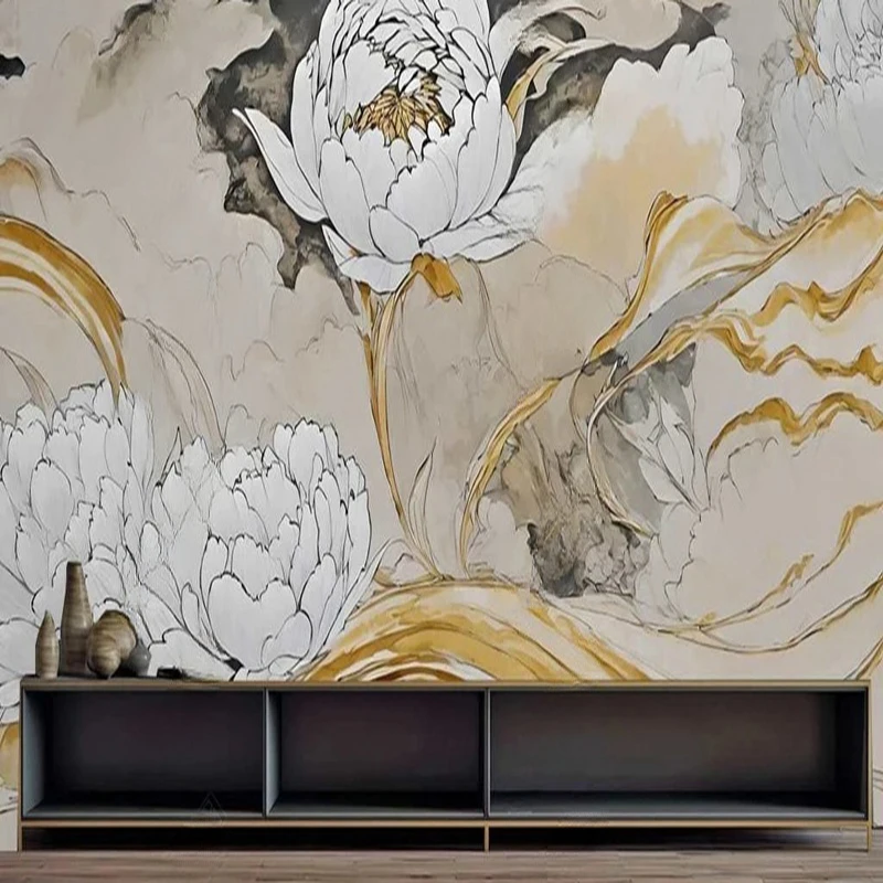 New Chinese Style Peony texture-effect Mural WallpaperHand-Painted Ink Design for Elegant Living Room Study TV sofa Wall Décor