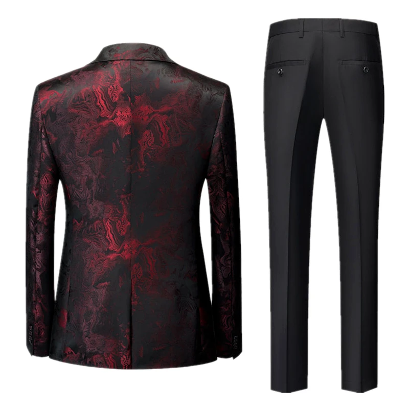 New Men\'s Suit Three Pieces, Red Jacquard Fabric Dress Dress Jacket with Pants Vest, Wedding Party Blazer Coat Trousers Men Sets