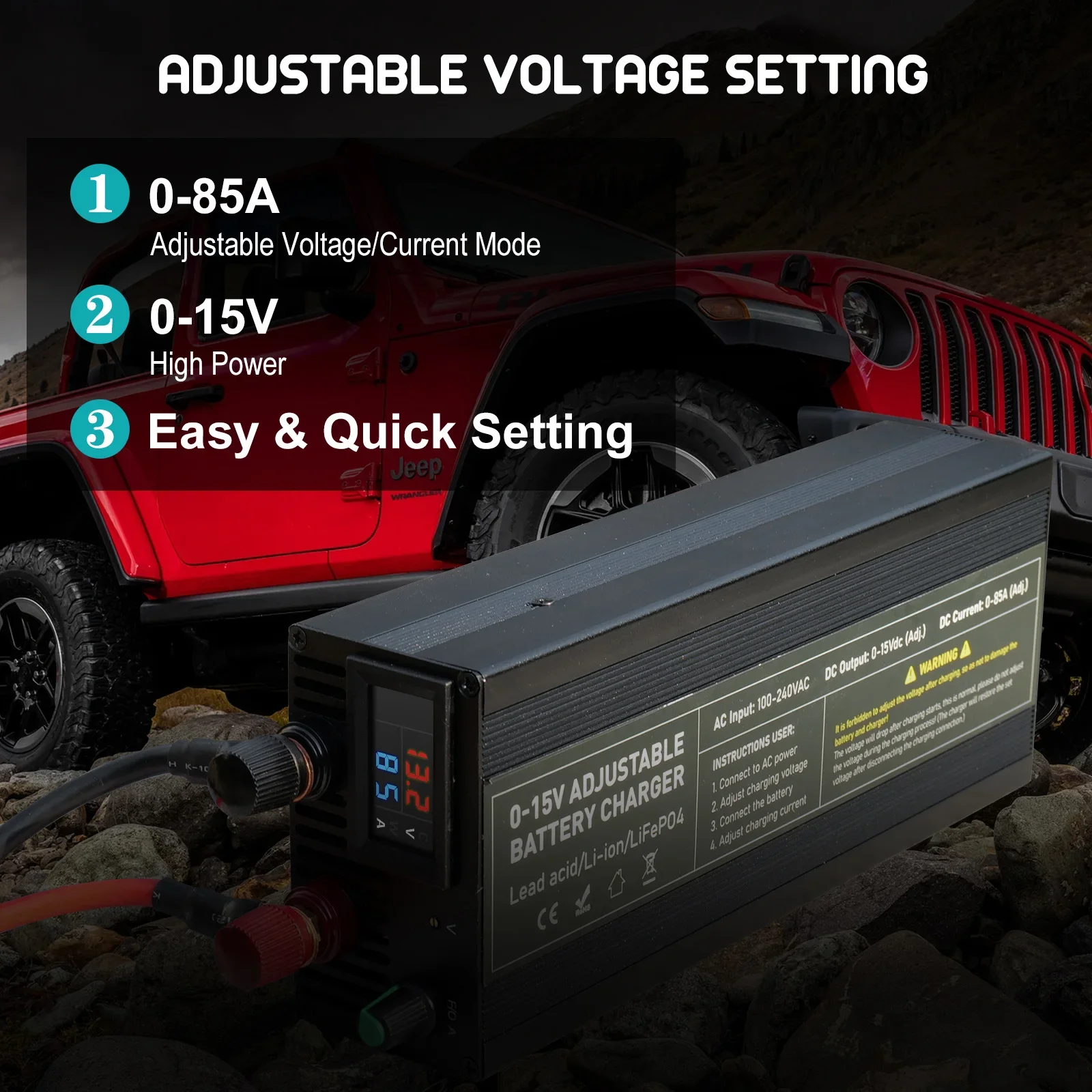 High-power Battery charger 12V 14.6V 60A/100A LCD Smart Universal Charger Fast Charging for 0-15V Adjustable Current & Voltage