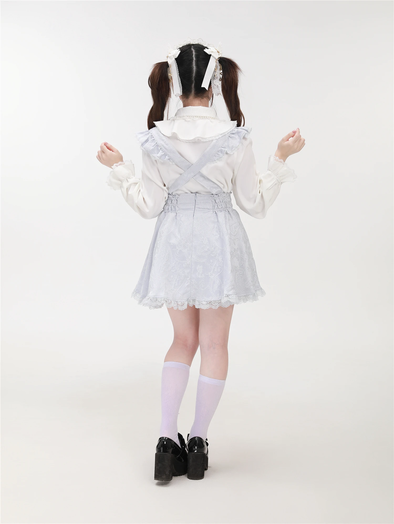 2025 New White Composite Lace Double Strap Skirt Gemstone Buckle Water Color Dark Pattern Mini Skirt Japanese Lolita Skirt Women