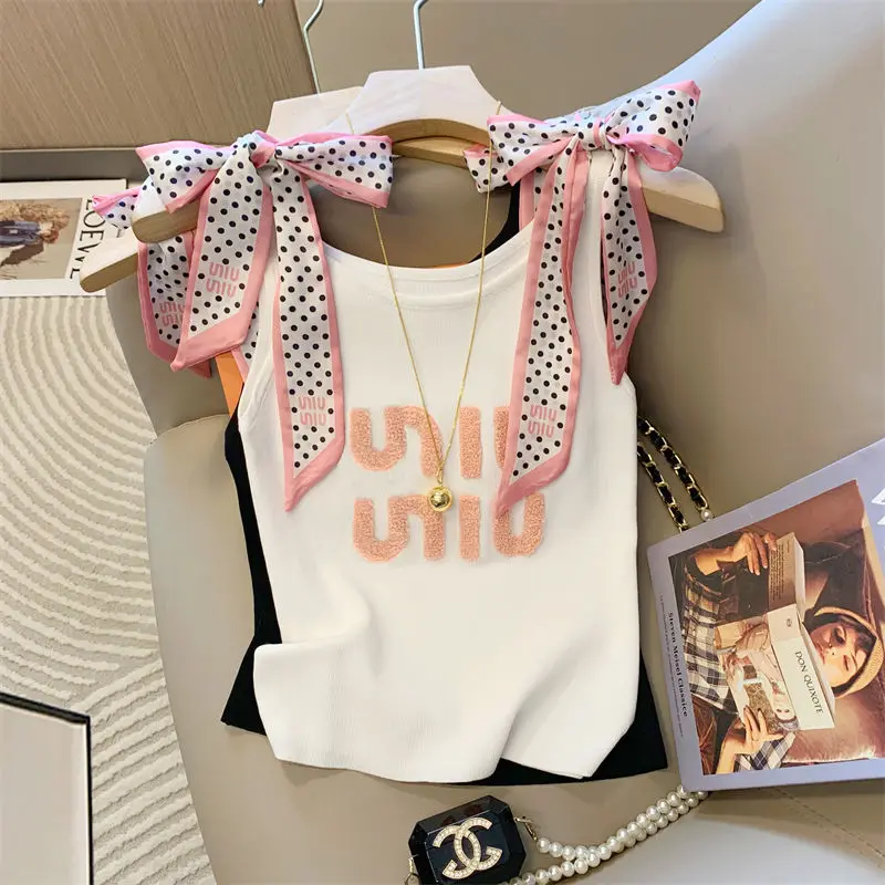 

Small Fragrant Style Bowknot Bandage Lettered Sleeveless Knitted Strappy Camisole for Women New Summer Style Hot Girl Top