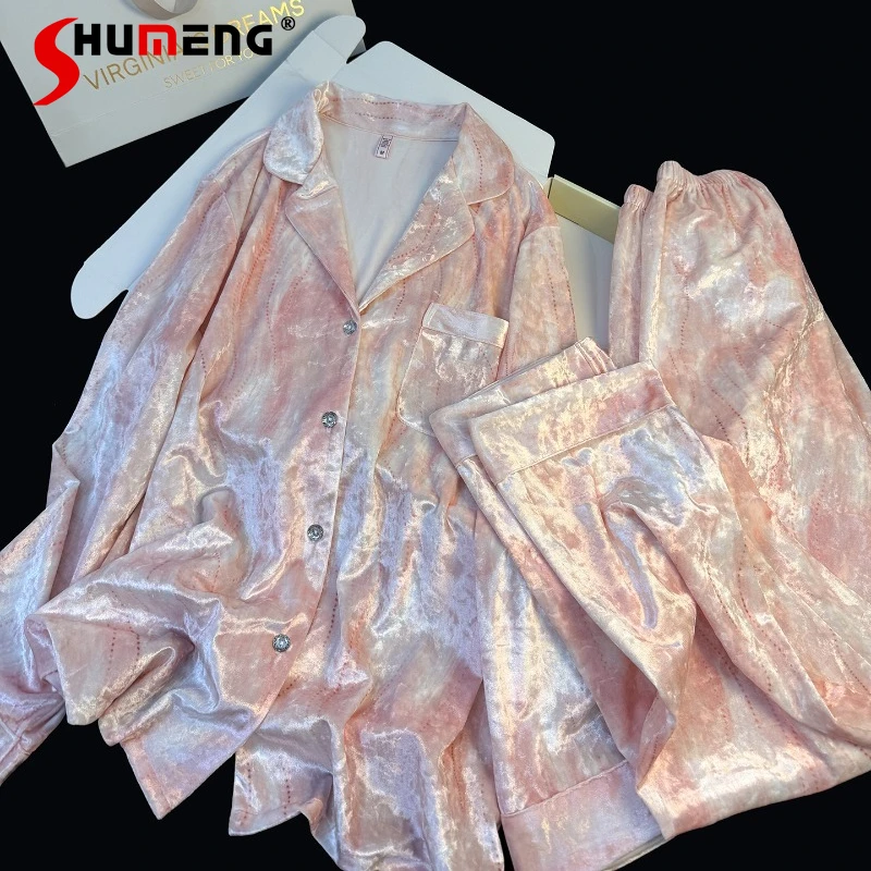 

Autumn Winter Velvet Pajamas for Women Japanese Style Long Sleeve Sleep Wear Female High End Gradient Color Printed Homewear Set