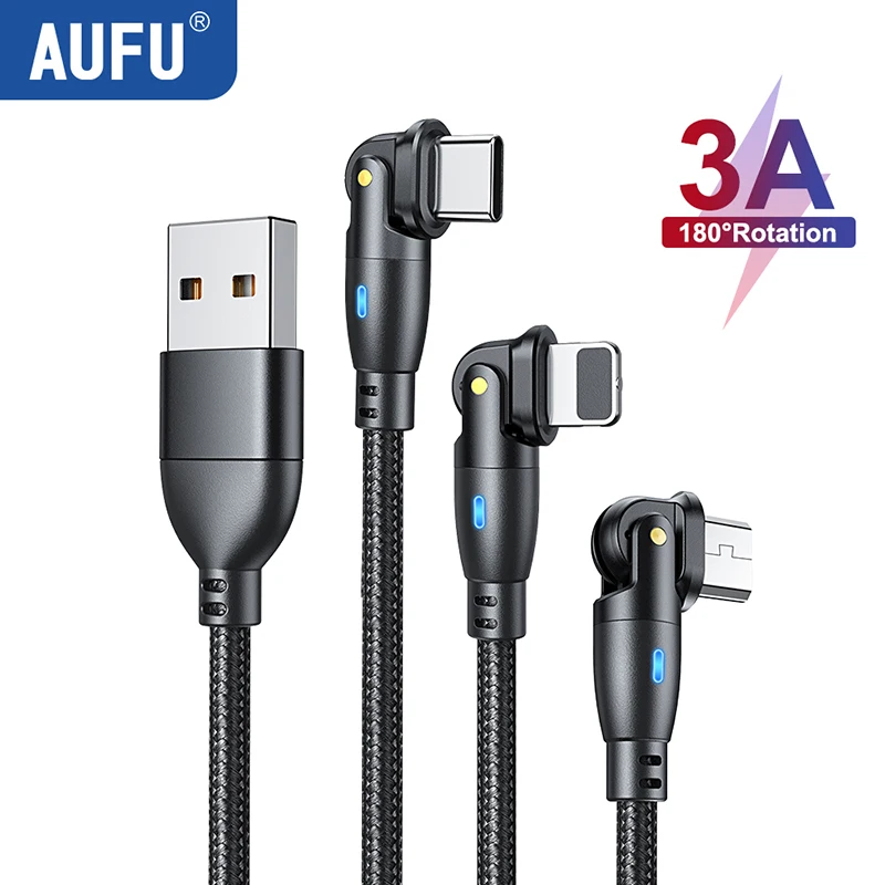 AUFU 3A 고속 충전 케이블 C 타입, 삼성 180 회전 아이폰 케이블, 마이크로 USB 충전기 데이터 코드, 샤오미 리얼미 포코 F3 용