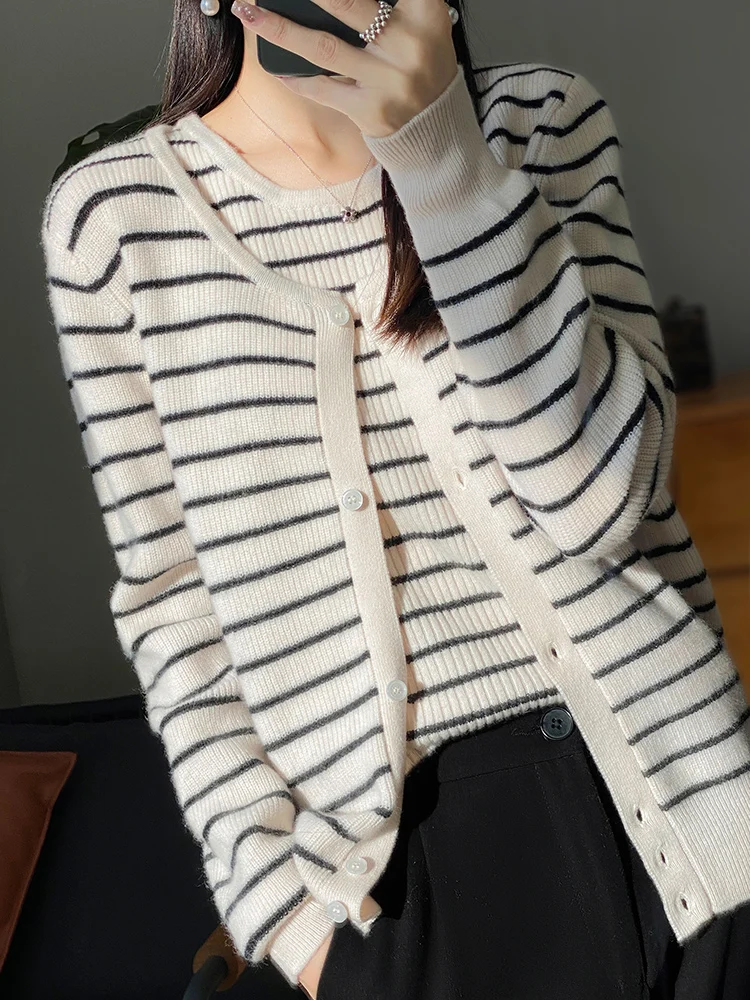 CHICUU Women Summer Vest O-neck Striped Cardigan Suit Spring Autumn 100% Merino Wool Knitwear Casual Cashmere Sweater Korean Top