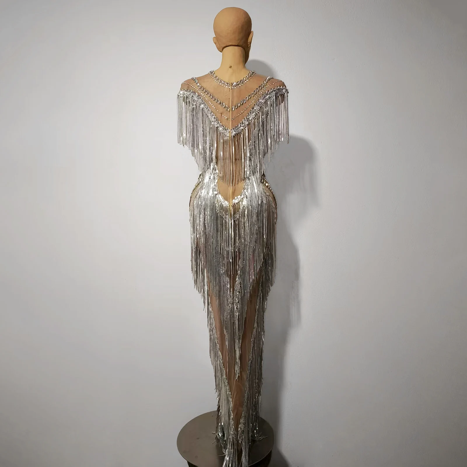 فاخر سباركلي حجر الراين الشظية هامش شبكة فستان طويل حفلة موسيقية مساء ملهى ليلي مهرجان المغني مرحلة الأداء زي