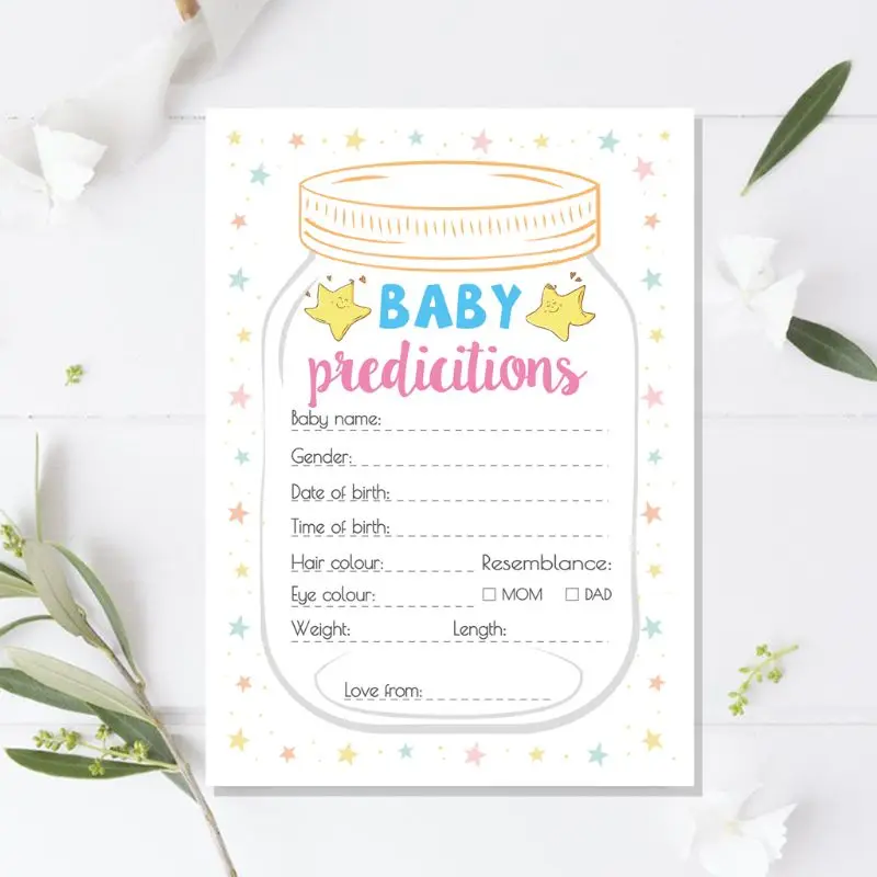 Paquete 10 tarjetas consejos y predicciones para Baby Shower, juego género neutro para niño y niña