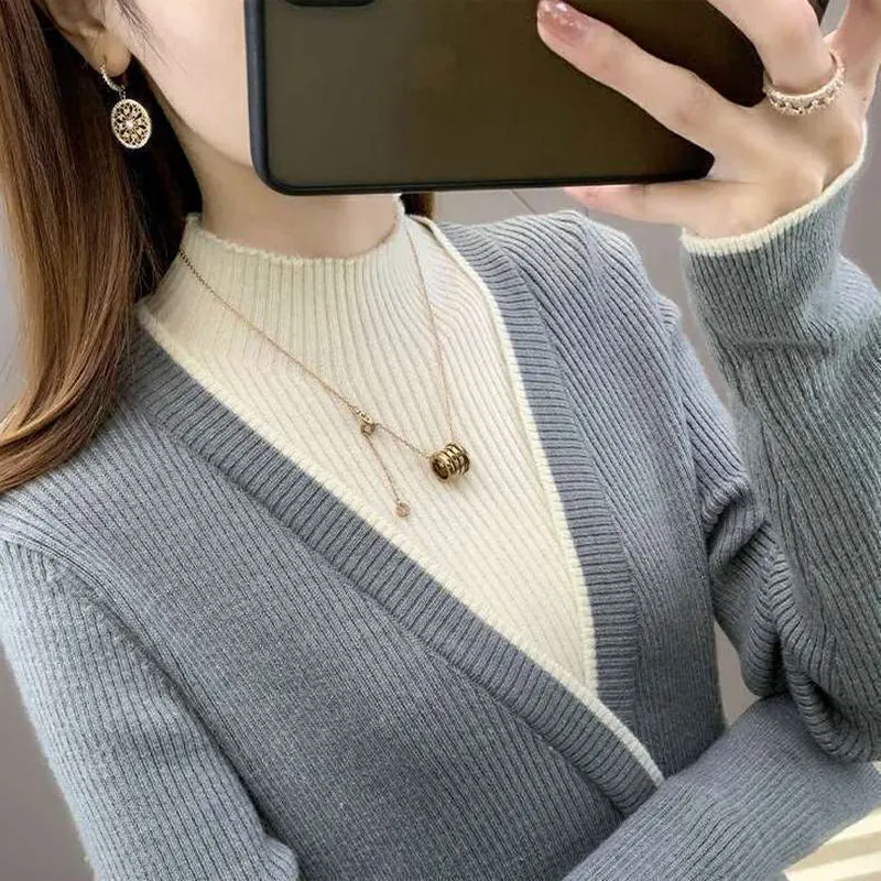 2022 Fleece Thick Pullovers Sweaters Half High Collar Autumn Winter New Jumpers Fake Two Pieces Spliced Contrasting Colors Slim