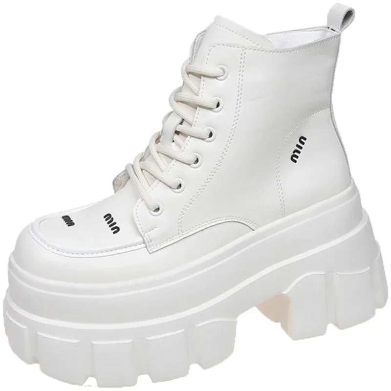 

9CM Autumn High Platform Leather Boots Wedge Heels Ankle Boots Winter Women Lace-up Warm Shoes Motorcycle Chunky Sneakers Woman