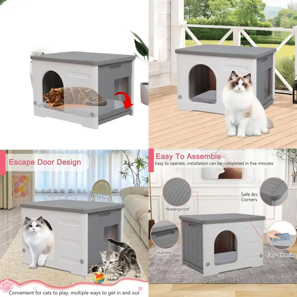 

Durable Waterproof Cat Shelter - Indoor/Outdoor, Feral-Friendly with Escape Hatches, Easy Assembly & Cleaning, Grey