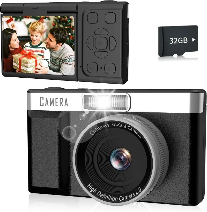 กล้องดิจิตอลสำหรับเด็ก FHD 1080P กล้องดิจิตอลแบบพลิกได้ 180 องศา °   หน้าจอพร้อมรองรับกล้องเซลฟี่วิดีโอ, กล้องคอมแพ็คพร้อมแฟลช