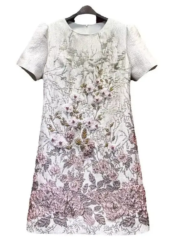 Luxe Diamanten Jacquard Kralen Korte Mouw Vrouwen Jurken Losse Taille Elegante Feestjurk O-hals Vrouwelijke A-lijn Formele Jurk